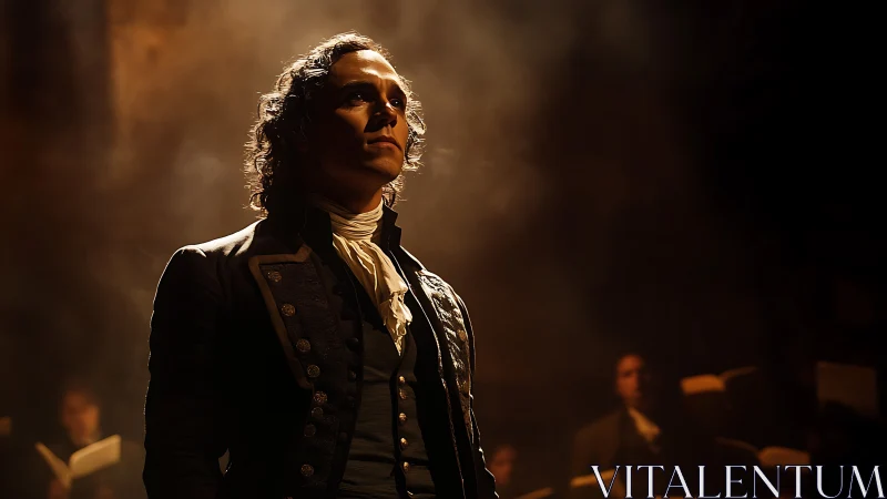 Stage-lit revolutionary figure stands in dramatic theater haze