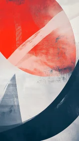 Geometric abstract composition shows red circle and dark arc