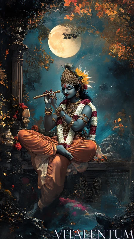 Divine blue musician under luminous autumn moonlit sky.