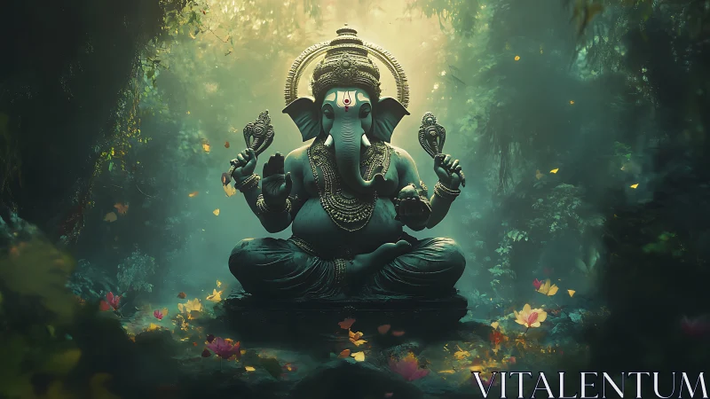 Divine Ganesha sculpture glows in mist-laden forest shrine