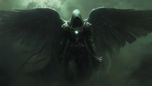 Shadowed celestial reaper emerging through emerald mist.