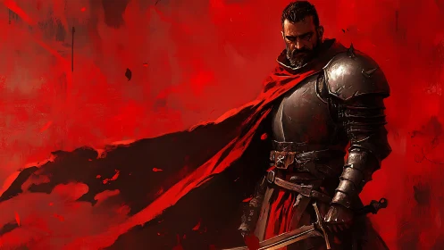 Battle-hardened knight stands in scarlet storm of war.