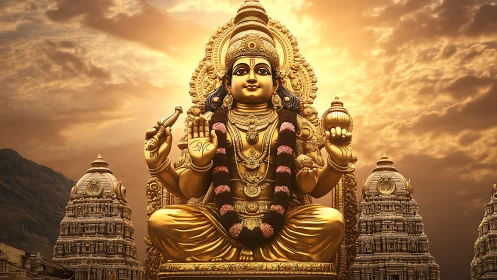 Golden Hindu deity statue glows above ornate temple towers