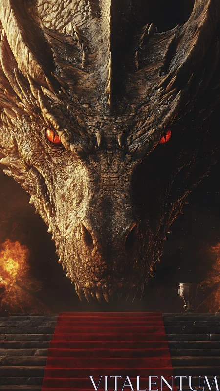 Colossal dragon head looming above fiery stone staircase.