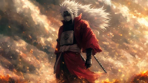 White haired anime warrior standing in fiery battlefield