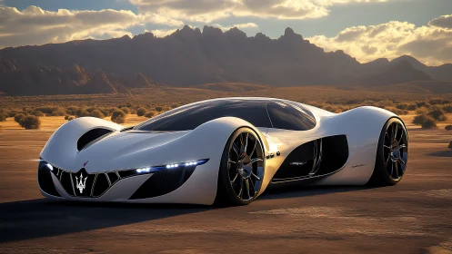Aerodynamic white hypercar rendered in high-detail desert lighting