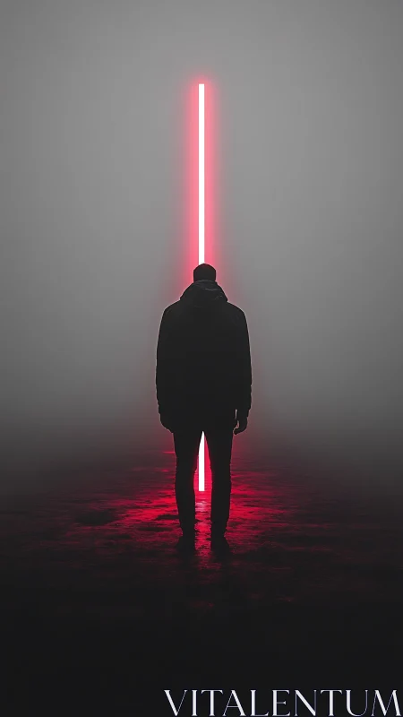 Silhouetted figure aligned with vertical neon magenta beam.