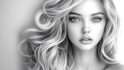 Monochrome ethereal portrait with flowing volumetric hair design.