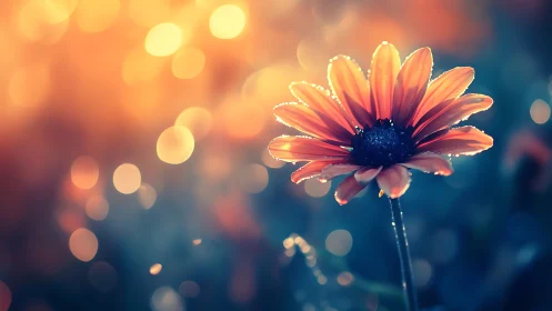 Orange daisy with water droplets backlit by warm golden bokeh