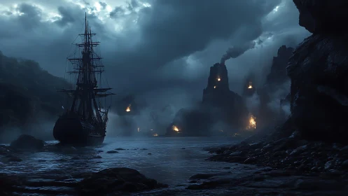 Storm-laden galleon approaching volcanic littoral firescape.