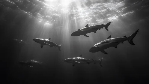 Sharks glide through sunlit depths in a dramatic seascape