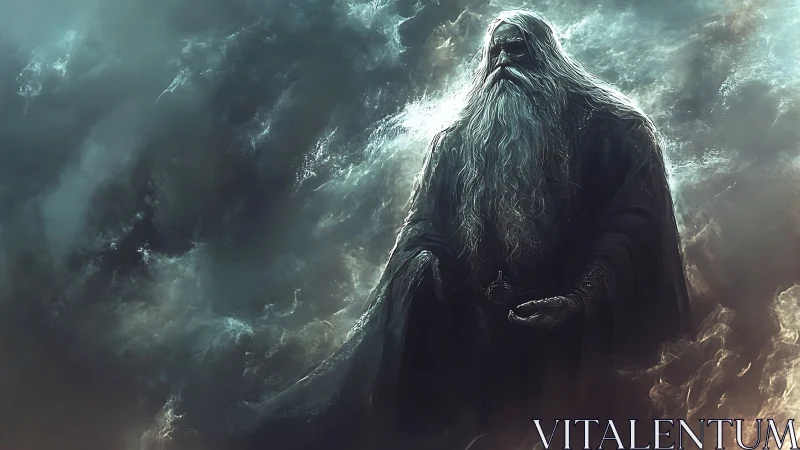 Stormlit sage in swirling mist and quiet cosmic power.