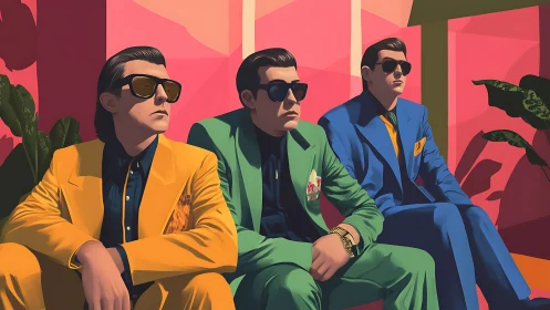 Triadic suited men in saturated modernist courtyard scene