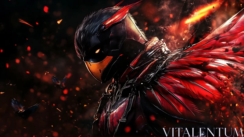 Armored humanoid bird warrior with red wings in sparks.
