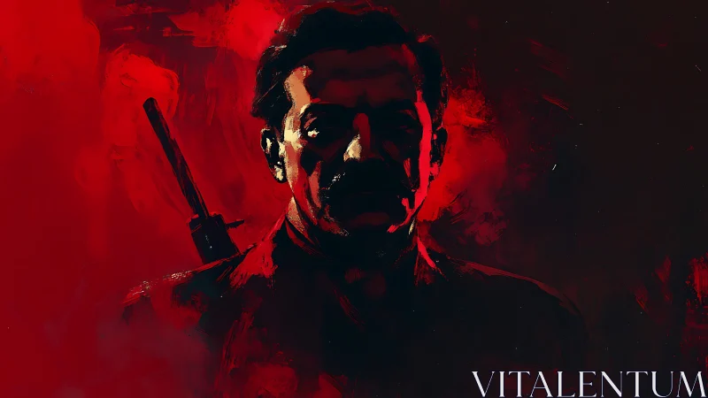 Shadowed militant portrait amid searing crimson light.