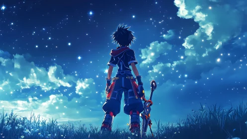 Youthful warrior stands in starry night field, facing sky