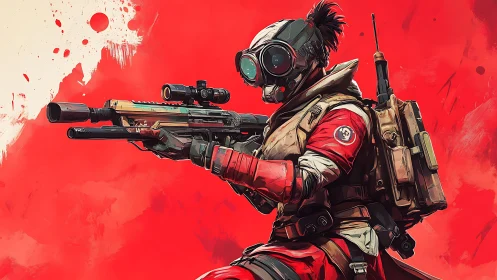 Armored sniper with tactical rifle holds position against red field