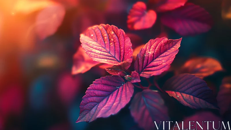 Sunlit magenta leaves glowing in a dreamy evening garden.