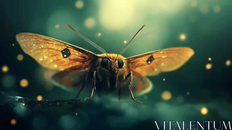 Golden-winged moth in luminous teal bokeh environment.