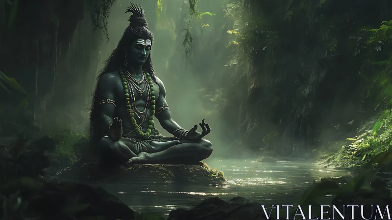 Meditating ascetic rendered in atmospheric jungle digital painting