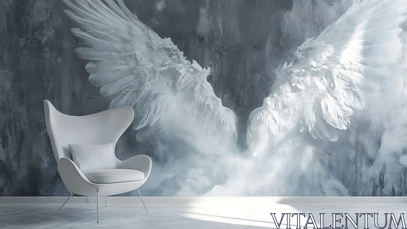 White wing mural with modern lounge chair in gray room.