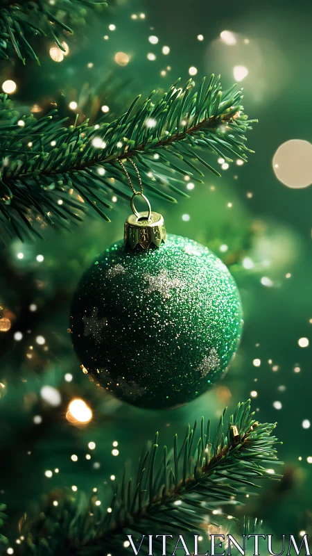 Green glitter ornament hanging on evergreen branch closeup.