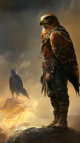 Skyward guardian hawk stands ready above glowing clouds