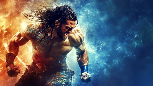 Warrior charges through fire and ice in explosive motion