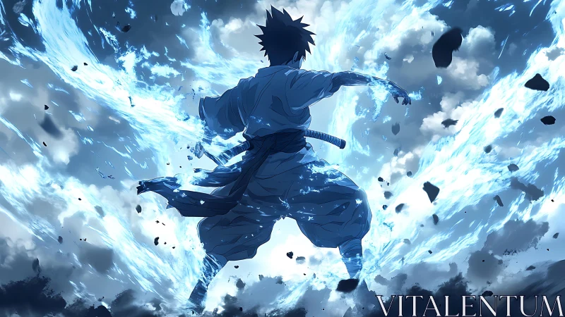 Backlit swordsman amid blue energy vortex and debris field.