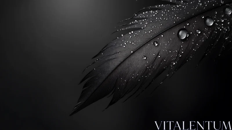 Dark bird feather holds water droplets on a black background
