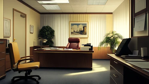 Executive corner office with leather chair and warm backlighting