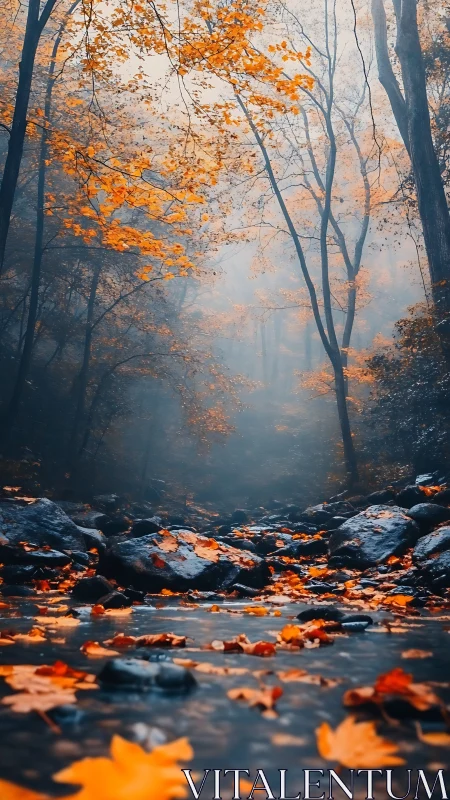 Autumn Forest Stream Through Morning Mist