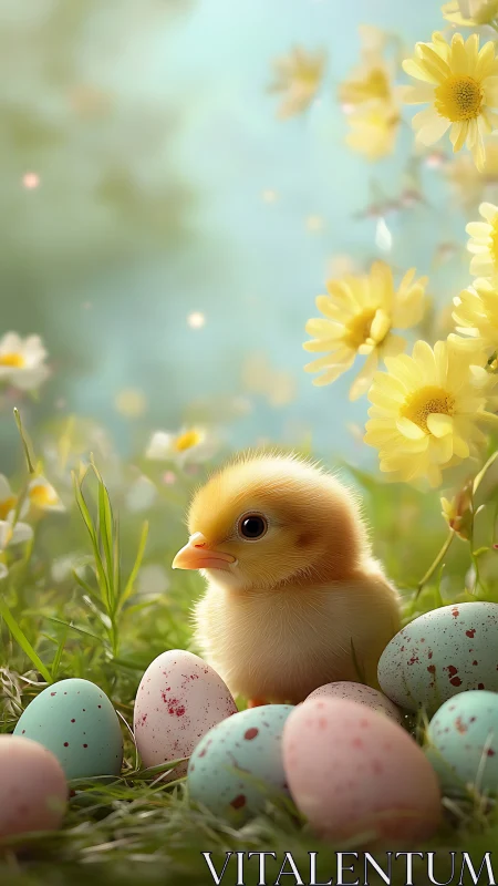 Photorealistic spring chick amid pastel speckled eggscape.