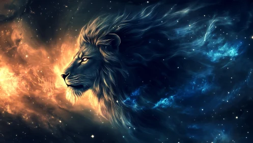 Starlit cosmic lion drifts between fire and deep nebula skies