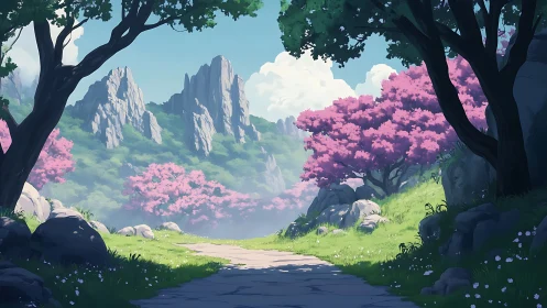 Peaceful mountain path lined with pink blossom trees.