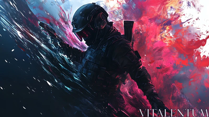 Armored soldier cuts through neon smoke in explosive motion