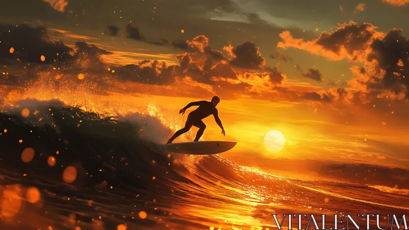 Surfer rides glowing wave against intense orange sunset sky