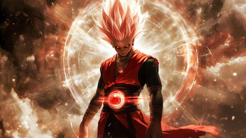 Radial energy vortex engulfing crimson-clad anime fighter.