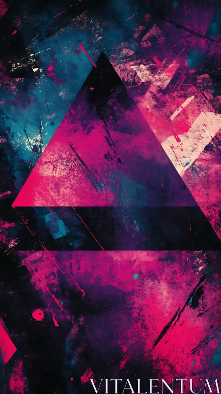 Neon triangle cuts through cosmic grunge textures boldly.