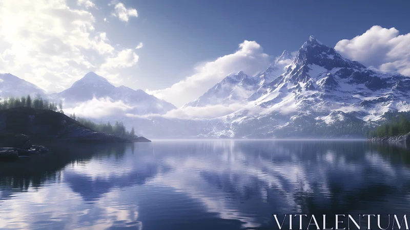 Peaceful snowcapped mountains mirrored in a quiet blue lake.