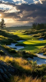 Golden hour serenity over a sunlit mountain golf course.