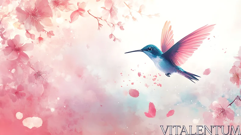Hummingbird in pastel blossom drift under radiant light.