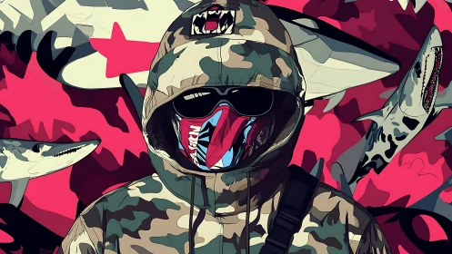 Camouflaged hooded figure with shark motif background scene.