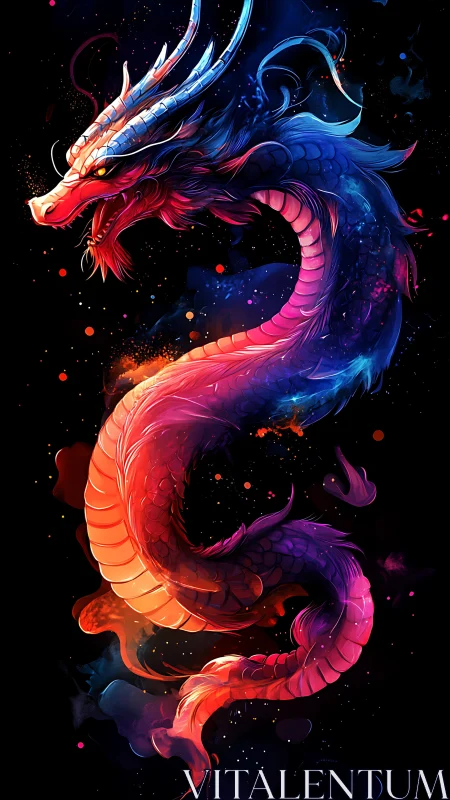 Radiant cosmic dragon coils in glowing rainbow starlight