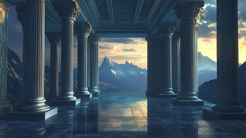 Sunlit marble colonnade overlooks distant snow peaks