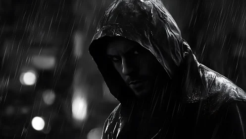 Hooded figure in rain with high-contrast cinematic lighting.