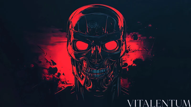 Glowing cybernetic skull looms against red digital void