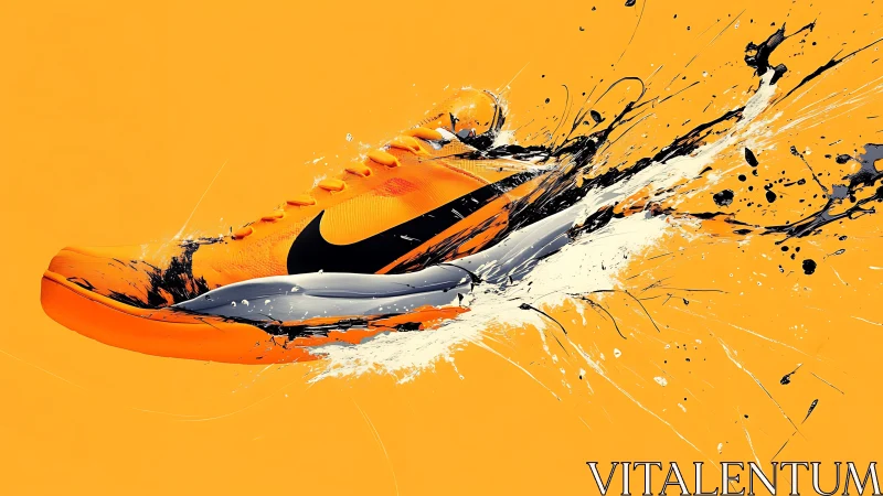 Explosive orange running shoe streaking through paint chaos.