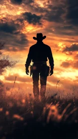 Lone cowboy strolls through golden sunset prairie calm.