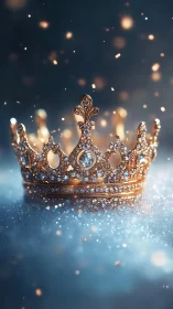 Gold jeweled crown on glittering blue surface at night.
